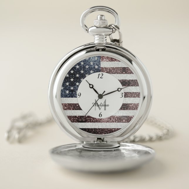 Rustic Red White Blue Sparkles USA flag Monogram Pocket Watch (Inside)