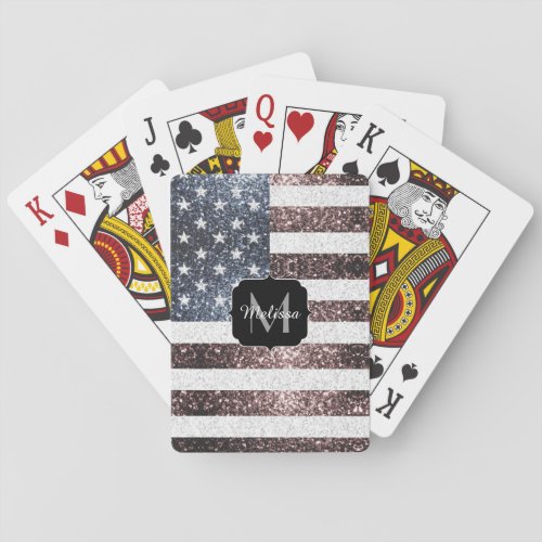 Rustic Red White Blue Sparkles USA flag Monogram Poker Cards