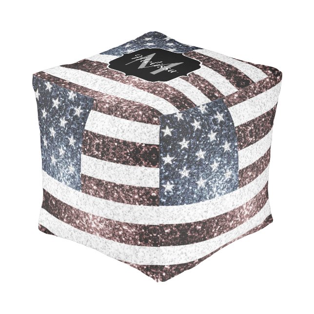 Rustic Red White Blue Sparkles USA flag Monogram Pouf (Angled Front)