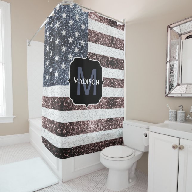 Rustic Red White Blue Sparkles USA flag Monogram Shower Curtain (In Situ)