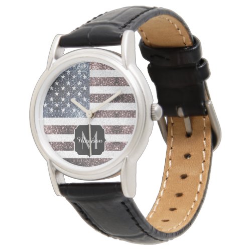 Rustic Red White Blue Sparkles USA flag Monogram Watch