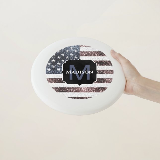 Rustic Red White Blue Sparkles USA flag Monogram Wham-O Frisbee (In Hand)