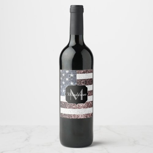 Rustic Red White Blue Sparkles USA flag Monogram Wine Label