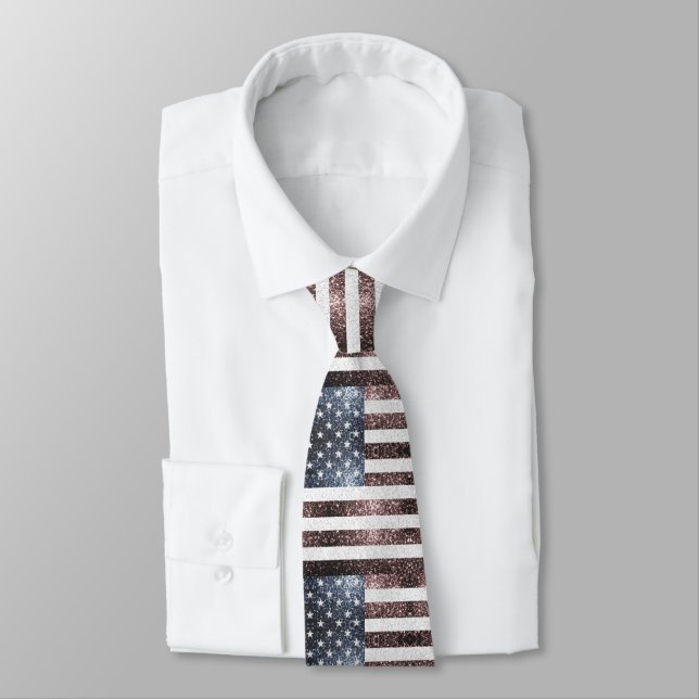 Rustic Red White Blue Sparkles USA flag  Neck Tie (Tied)