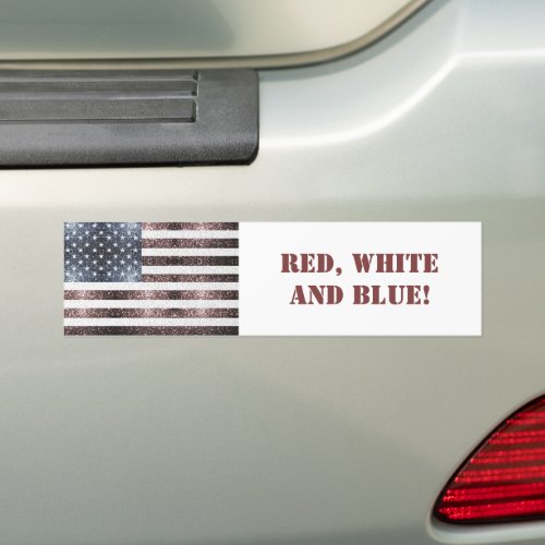 Rustic Red White Blue Sparkles USA flag with text Bumper Sticker