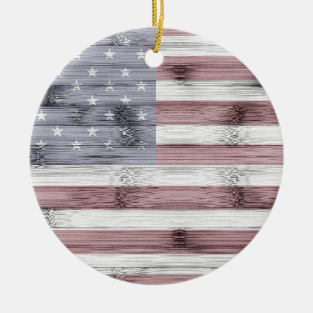 Rustic Red White Blue Wood USA flag America Ceramic Ornament (Front)