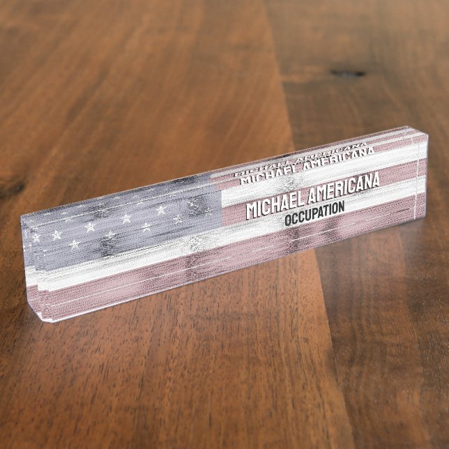 Rustic Red White Blue Wood USA flag America Desk Name Plate (Side)