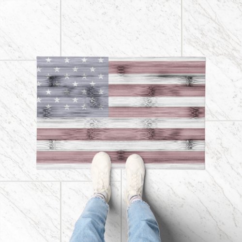 Rustic Red White Blue Wood USA flag America Doormat