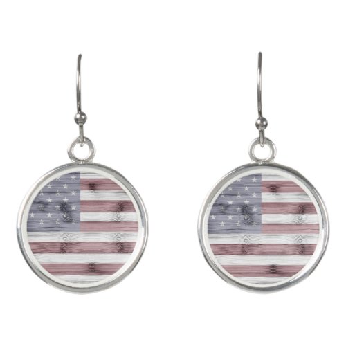 Rustic Red White Blue Wood USA flag America Earrings