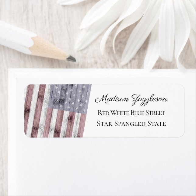 Rustic Red White Blue Wood USA flag America Label (Insitu)