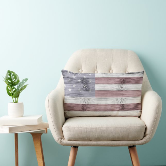 Rustic Red White Blue Wood USA flag America Lumbar Pillow (Chair)