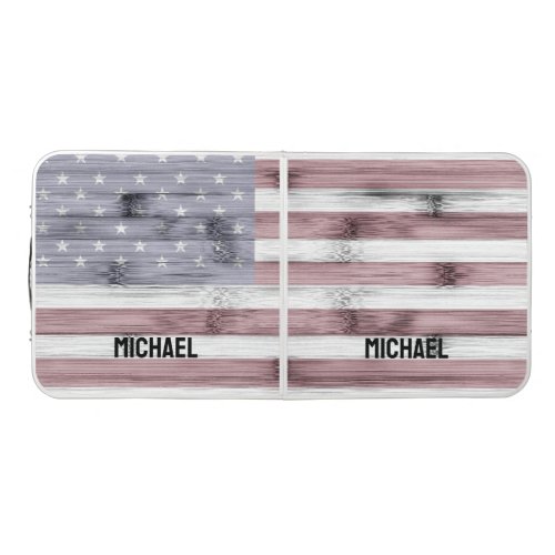 Rustic Red White Blue Wood USA flag America Name Beer Pong Table