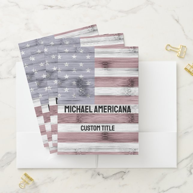 Rustic Red White Blue Wood USA flag America Name Pocket Folder (In Situ)
