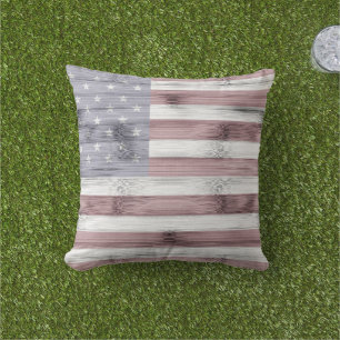 Rustic Red White Blue Wood USA flag America Outdoor Pillow