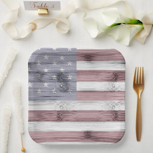 Rustic Red White Blue Wood USA flag America Paper Plates (Wedding)