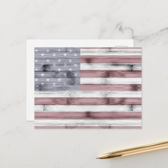 Rustic Red White Blue Wood USA flag America Postcard (Front/Back In Situ)