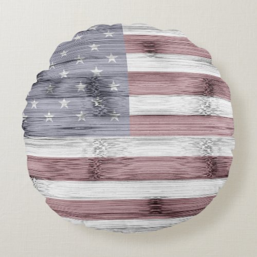 Rustic Red White Blue Wood USA flag America Round Pillow