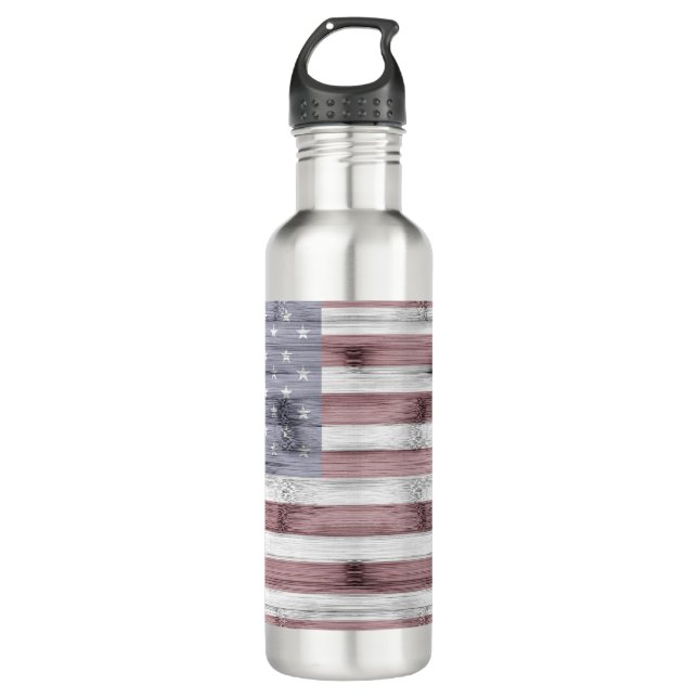 Rustic Red White Blue Wood USA flag America Stainless Steel Water Bottle (Front)