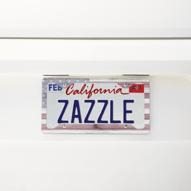 Rustic Red White Blue Wood USA flag  License Plate Frame (On Car)