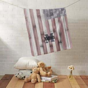 Rustic Red White Blue Wood USA flag Monogram Baby Blanket