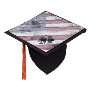 Rustic Red White Blue Wood USA flag Monogram Graduation Cap Topper