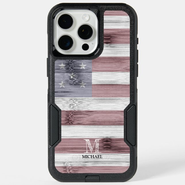 Rustic Red White Blue Wood USA flag Monogram iPhone 15 Pro Max Case (Back)