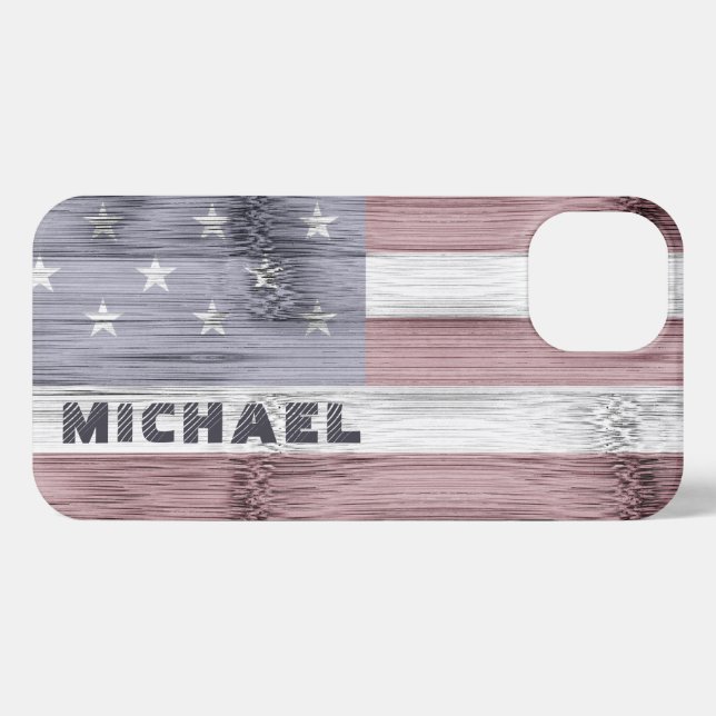 Rustic Red White Blue Wood USA flag Monogram iPhone Case (Back Horizontal)