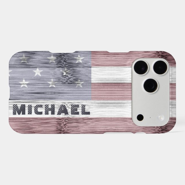 Rustic Red White Blue Wood USA flag Monogram iPhone Case (Back Horizontal)