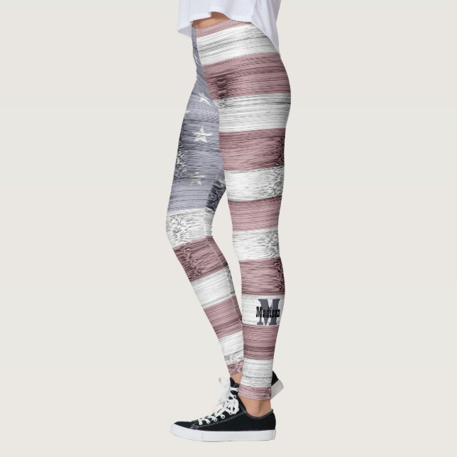 Rustic Red White Blue Wood USA flag Monogram Leggings (Left)