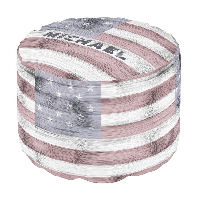 Rustic Red White Blue Wood USA flag Monogram Pouf (Angled Back)