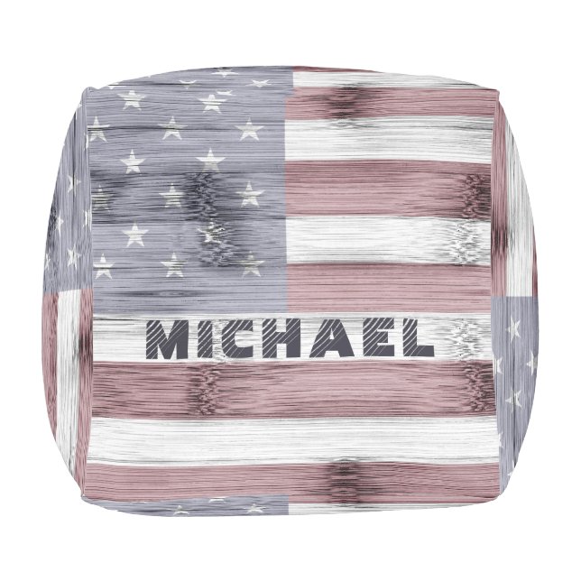 Rustic Red White Blue Wood USA flag Monogram Pouf (Top)