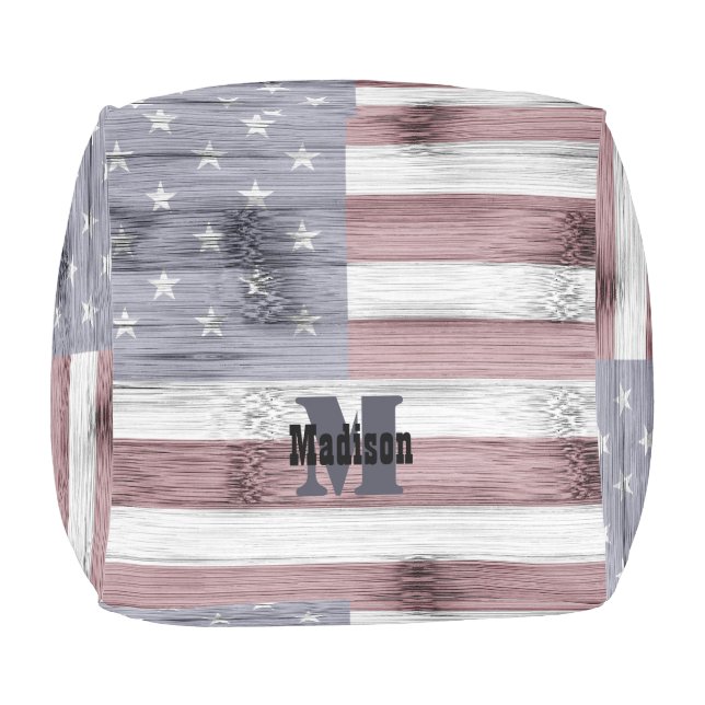 Rustic Red White Blue Wood USA flag Monogram Pouf (Top)