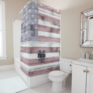 Rustic Red White Blue Wood USA flag Monogram Shower Curtain