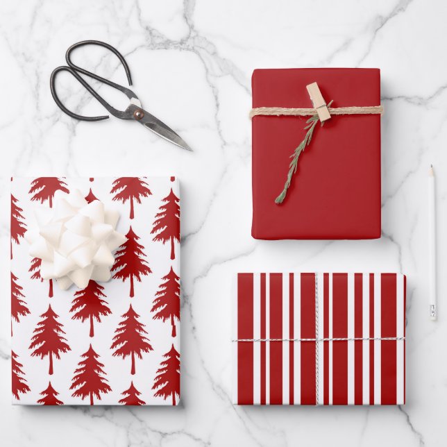 Rustic Red White Christmas Pattern Tree Wrapping Paper Sheets (Front)