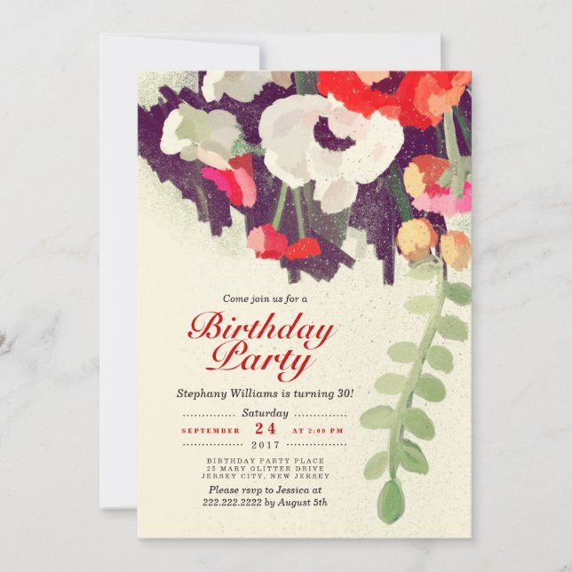 Rustic Red White Floral Art Birthday Party Invite (Front)