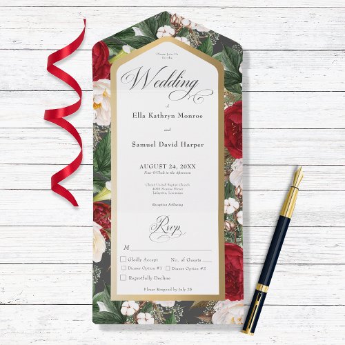 Rustic Red  White Floral Gold Frame Dinner All In One Invitation