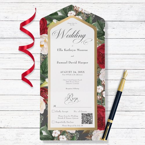 Rustic Red  White Floral Gold Frame QR Code All In One Invitation