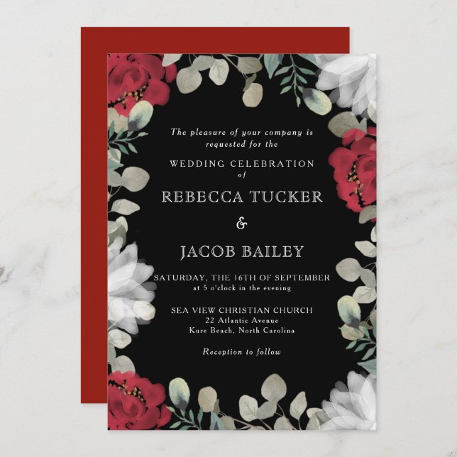 Rustic Red & White Floral Greenery Black Wedding Invitation (Front/Back)