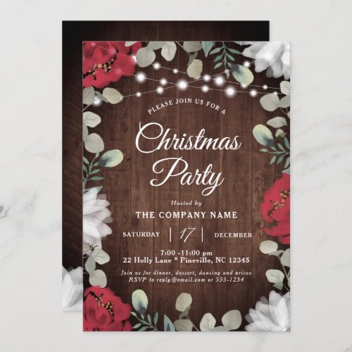 Rustic Red White Floral Lights Christmas Party  Invitation
