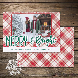 Rustic Red White Plaid Merry & Bright Christmas Letterpress Photo Cards