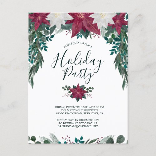 Rustic Red White Poinsettia Foliage Holiday Party  Invitation Postcard