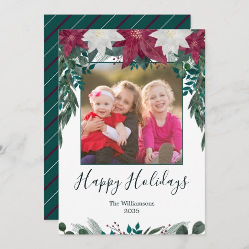 Rustic Red White Poinsettias Greenery Boho Photo Holiday Card