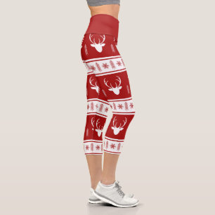 Rustic Red White Reindeer Snowflake Christmas Capri Leggings