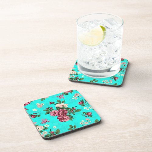 Rustic Red  White Roses Blue_Green Background Coaster