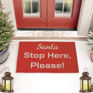 Rustic Red White Simple Santa Stop Here Fiber Doormat