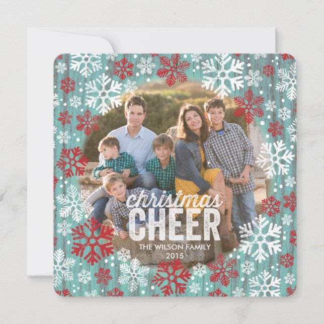 Rustic Red & White Snowflakes Photo Holiday Card (Front)