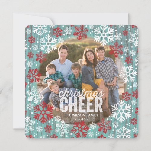 Rustic Red  White Snowflakes Photo Holiday Card