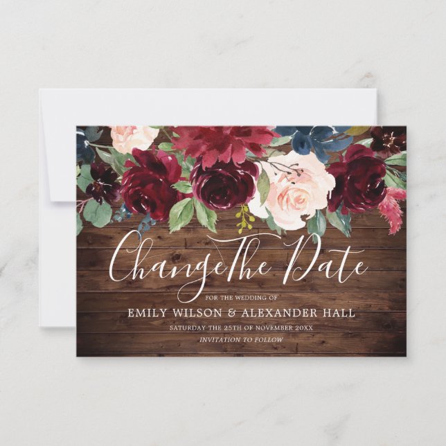 Rustic Red Wine Burgundy Flowers Change the Date Save The Date (Front)