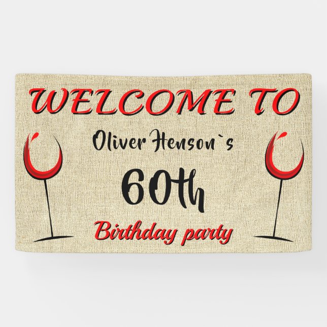 Rustic Red Wine Glass 60th Birthday Party Banner (Horizontal)