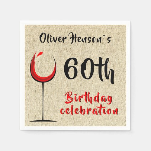 Rustic Red Wine Glass 60th Birthday Party Napkins